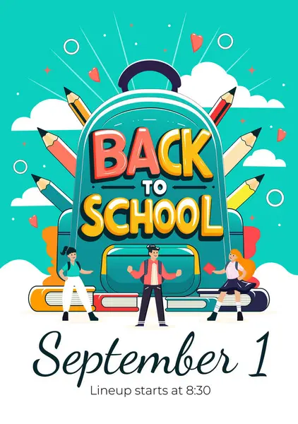 stock vector Back to school banner with students and backpack. Flat vector illustration.