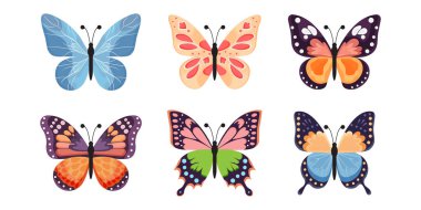 Beyaz arka planda izole edilmiş düz tarzda renkli kelebekler.