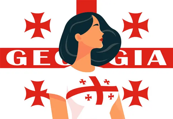 Beyaz tişörtlü Gürcü kız. Arka planda Gürcistan bayrağı var.