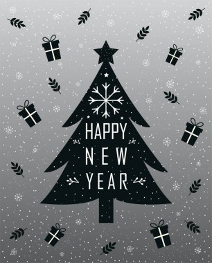 Yeni yıl kartpostal tasarımınız kutlu olsun Noel ağacı hediyeleri ve kar taneleri