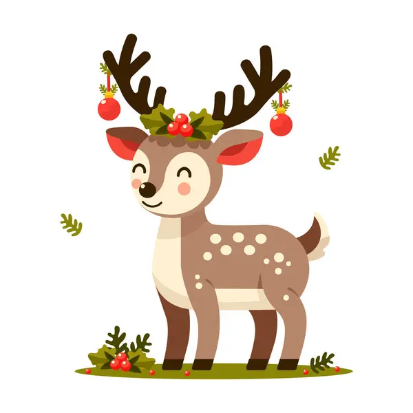 Beyaz arka planda izole edilmiş Noel oyuncakları olan şirin bir yağmur geyiği.