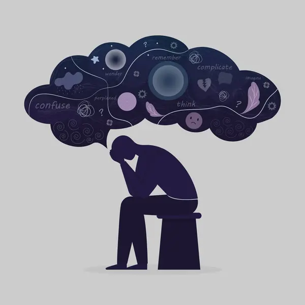 Düşüncelerindeki üzgün bir adamın çizimi izole edilmiş düz bir tasarım.
