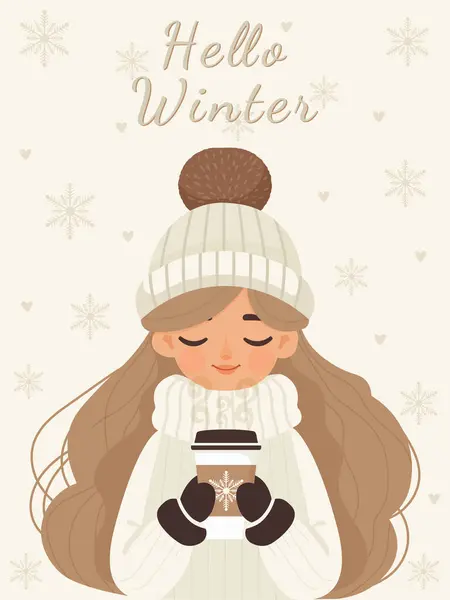 Merhaba, kahve fincanı düz vektörlü kış çizimi kızı.