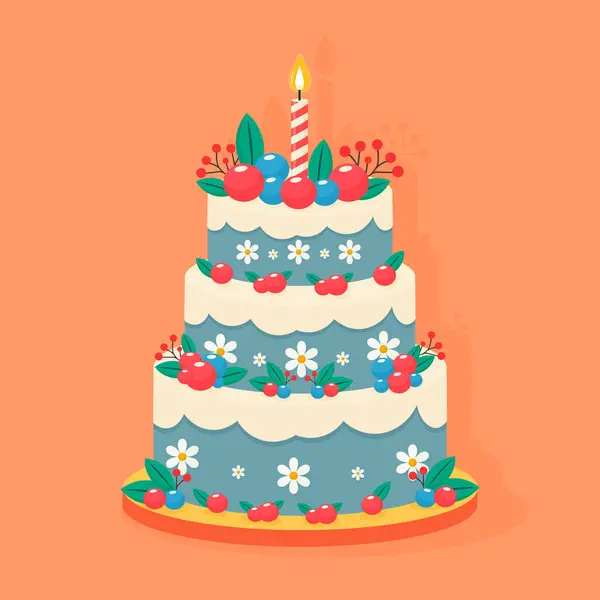 Berry 'li doğum günü pastası ve çiçekli süslemeler izole edilmiş düz vektör çizimi