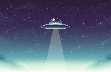 UFO düz vektör çizimi ile yıldızlı gökyüzü
