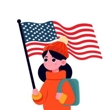 Amerika Birleşik Devletleri bayrağını tutan, kışlık giysiler giymiş şirin bir kız.