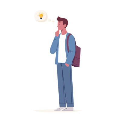 Genç adam beyaz arka planda izole edilmiş düz bir illüstrasyon düşünürken