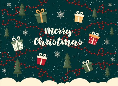 Mutlu noel kartpostalları Noel ağacı ve düz bir illüstrasyonla