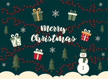 Kardan adam ve Noel hediyeleriyle dolu mutlu noel kartpostalları.