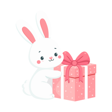 Şeffaf arka planda saklanmış doğum günü hediyesi olan sevimli tavşan.