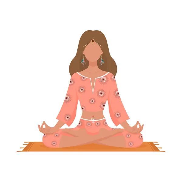 Nilüfer çiçekleri içinde oturmuş meditasyon yapan hippi elbiseli bir kız. Beyaz arka planda izole edilmiş yüzsüz bir resim.