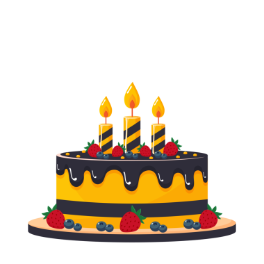 Çilekli ve üzümlü doğum günü pastası ve şeffaf arkaplan çizimi üzerine izole edilmiş mumlar.