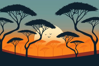 Gün batımında savanada ağaç siluetleri düz vektör çizimi