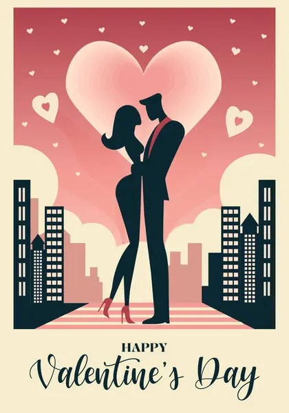 Mutlu Sevgililer Günü poster tasarımı. Çift silueti şehir düz vektör illüstrasyonunda.