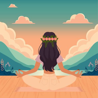 Nilüfer çiçekli kız, dağların arka planında meditasyon yapıyor ve göl düz vektör çizimi yapıyor.
