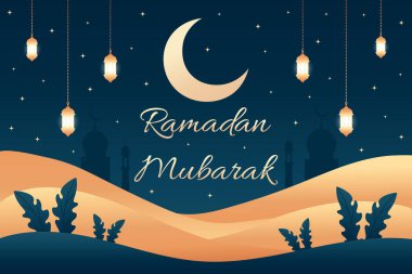 Ramazan Mübarek duvar kağıdı tasarımı yıldızlı gece lanterleri ay ve çöl düz vektör çizimi