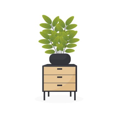 Üzerinde dekoratif yapraklar olan modern yan masa beyaz arkaplanda izole edilmiş düz bir illüstrasyon.