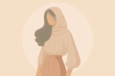 Pastel bej elbiseli, başı düz vektör çizimleriyle kaplı yüzü olmayan kadın.