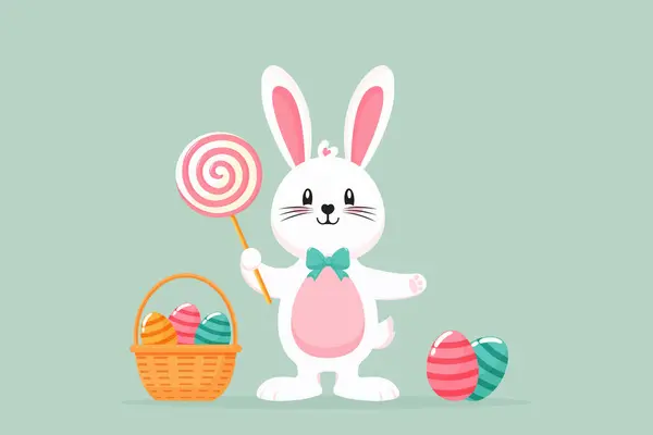 Paskalya Tavşanı Lolipop ve Paskalya Yumurta Sepeti Düz Vektör İllüstrasyonlu