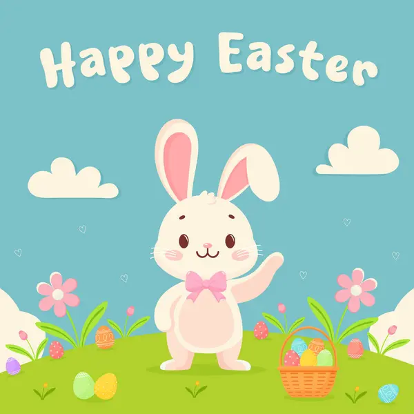 Tatlı tavşan ve Paskalya yumurtaları düz vektör resimli mutlu Paskalya kartpostalları.