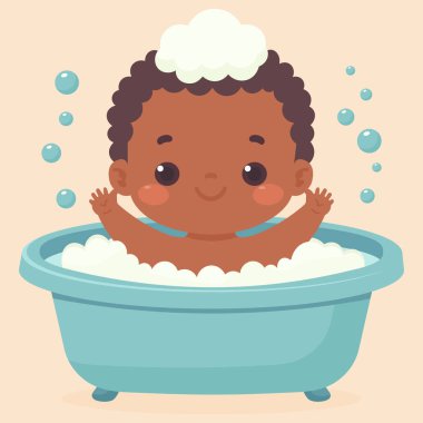 Banyo düz vektör illüstrasyonunda küçük şirin bir çocuk.