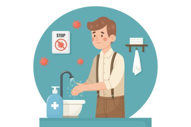 Hijyen ve Virüs Koruma Konsepti Adam Sabun Durağı Virüsü ile ellerini yıkıyor Düz vektör illüstrasyonunu imzala