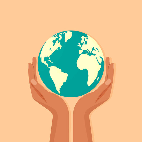 Hands holding Earth flat vector illustration isolated