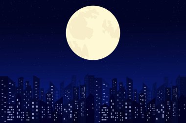 Ay ve yıldızlı bir gece şehrinin düz vektör çizimi