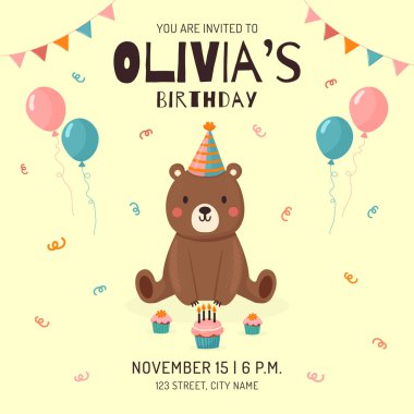 Tatlı Teddy Bear düz vektör resimli doğum günü davetiyesi.