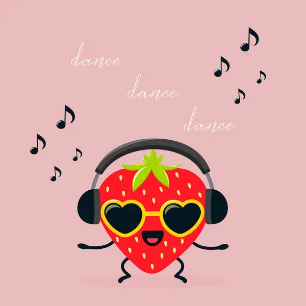 Kulaklıklı ve güneş gözlüklü şirin çilek düz vektör çizimi.