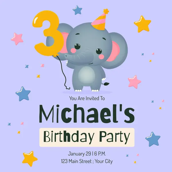 Şirin Fil Düz Vektör İllüstrasyonlu Doğum günü Partisi Davetiyesi.
