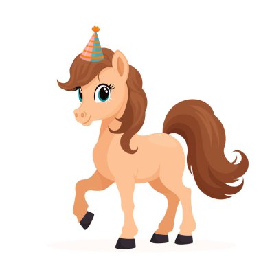 Doğumgünü Şapkalı Şirin Küçük Midilli Beyaz Arkaplanda İzole Edilmiş Düz Vektör Çizimi.