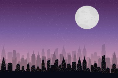 Şehir Silueti Yıldızlı Gece Gökyüzü Altında Ay Düz Vektör Resimleriyle.