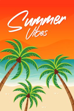 Palm Trees Düz Vektör İllüstrasyonlu Yaz Kartı Tasarımı.