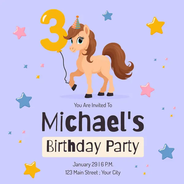 Şirin Pony Düz Vektör İllüstrasyonlu Doğum Günü Davetiyesi.