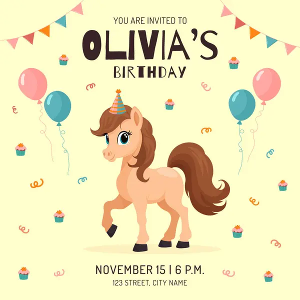 Şirin Midilli Doğum günü Davetiye Kartı Düz Vektör İllüstrasyonu