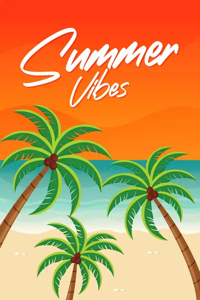 Palm Trees Düz Vektör İllüstrasyonlu Yaz Kartı Tasarımı.