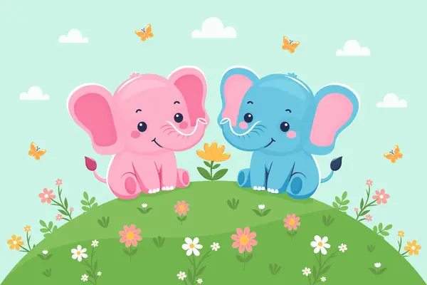 Tepede Çiçekli ve Kelebekli İki Şirin Fil Düz Vektör Çizimi.
