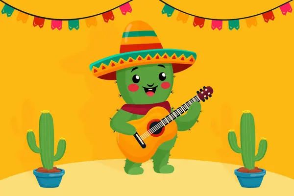 Sombrero 'nun içinde Cinco de Mayo Kaktüsü Sahne Vektörü İllüstrasyonunda Gitar Çalıyor.