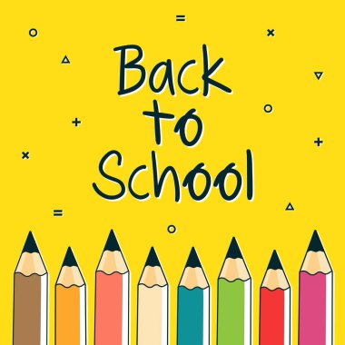 Renkli kalem ve düz vektör illüstrasyonlu okul posteri.