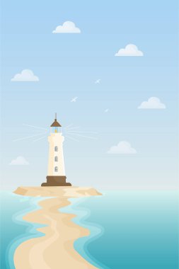 Küçük bir adada deniz feneri düz vektör çizimi.