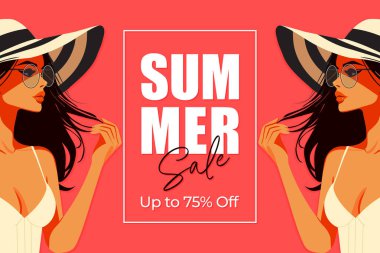 Esmer kız düz vektör illüstrasyonlu yaz indirimi posteri.