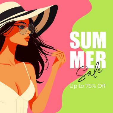 Siyah şapkalı esmer kız illüstrasyonlu yaz indirimi posteri..