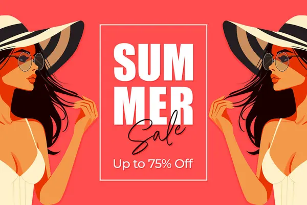 Esmer kız düz vektör illüstrasyonlu yaz indirimi posteri.