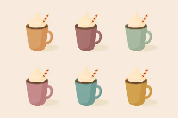 Eski model renklerle çırpılmış kremalı kakao kupaları düz vektör çizimi.