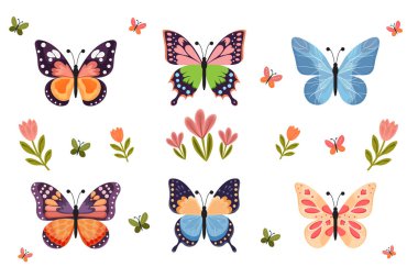 Spring Set Çiçekleri ve Kelebekler Vektör İllüstrasyonu.