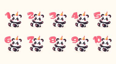 1 'den 10' a Düz Vektör Resimleriyle Şirin Panda Seti.