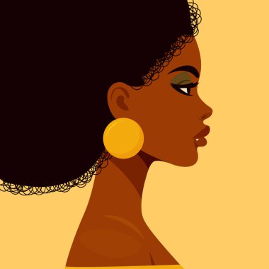 Sarı Küpe Düz Vektör İllüstrasyonlu Güzel Afrikalı Amerikalı Kadın.