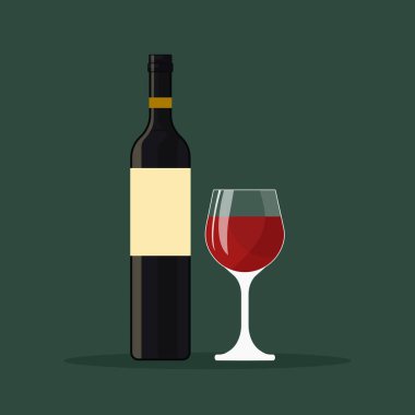 Kırmızı şarap kadehi ve şişe düz vektör çizimi izole edildi.