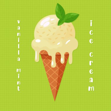 Waffle koni vektör illüstrasyonunda vanilyalı naneli dondurma.